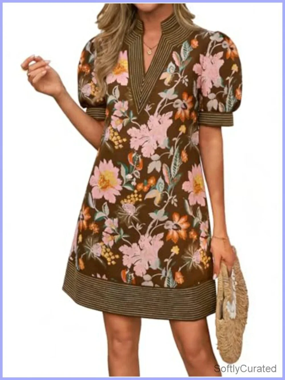 V Neck Puff Short Sleeve Boho Mini Shift Dress with Pockets Casual